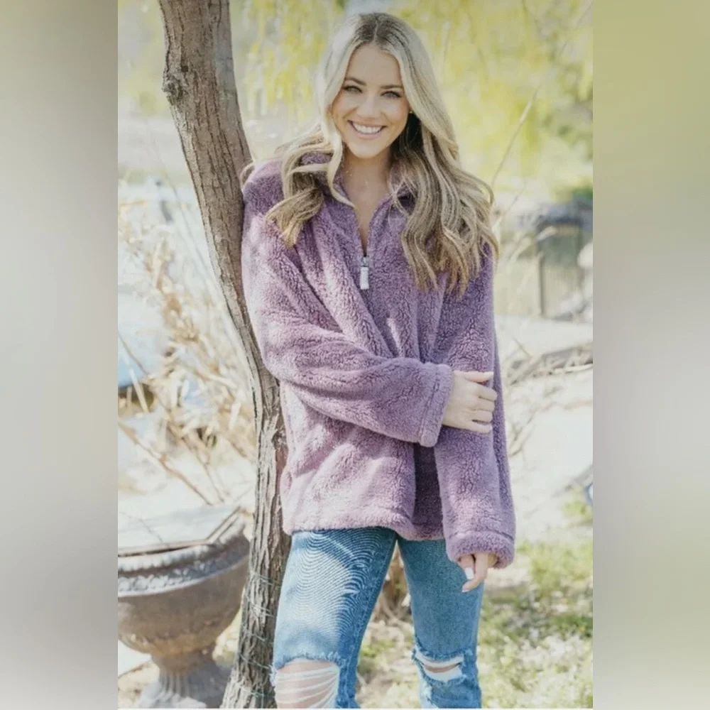 Simply Southern 1/4 Zip Sherpa Fleece Pullover Purple Soft Sweatshirt Women’s L - Picture 2 of 10